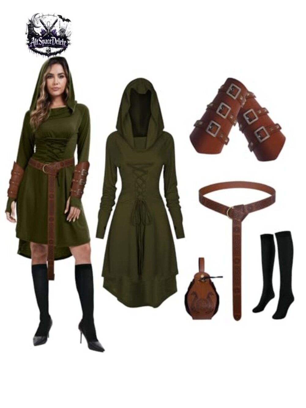 Womens Renaissance Hooded Costume Medieval Cosplay Dress Set